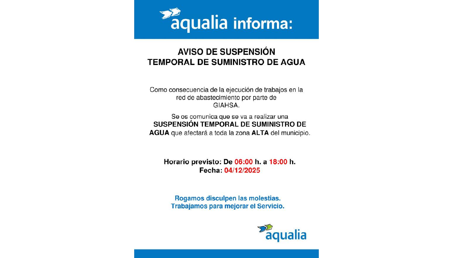 AVISO DE CORTE DE SUMINISTRO DE AGUA POR OBRAS EN LA NUEVA TUBERÍA DE ...