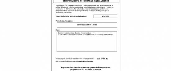 AVISO DE INTERRUPCIÓN DE SUMINISTRO ELÉCTRICO POR LAS OBRAS DE MEJORA ZONA PENDIQUE