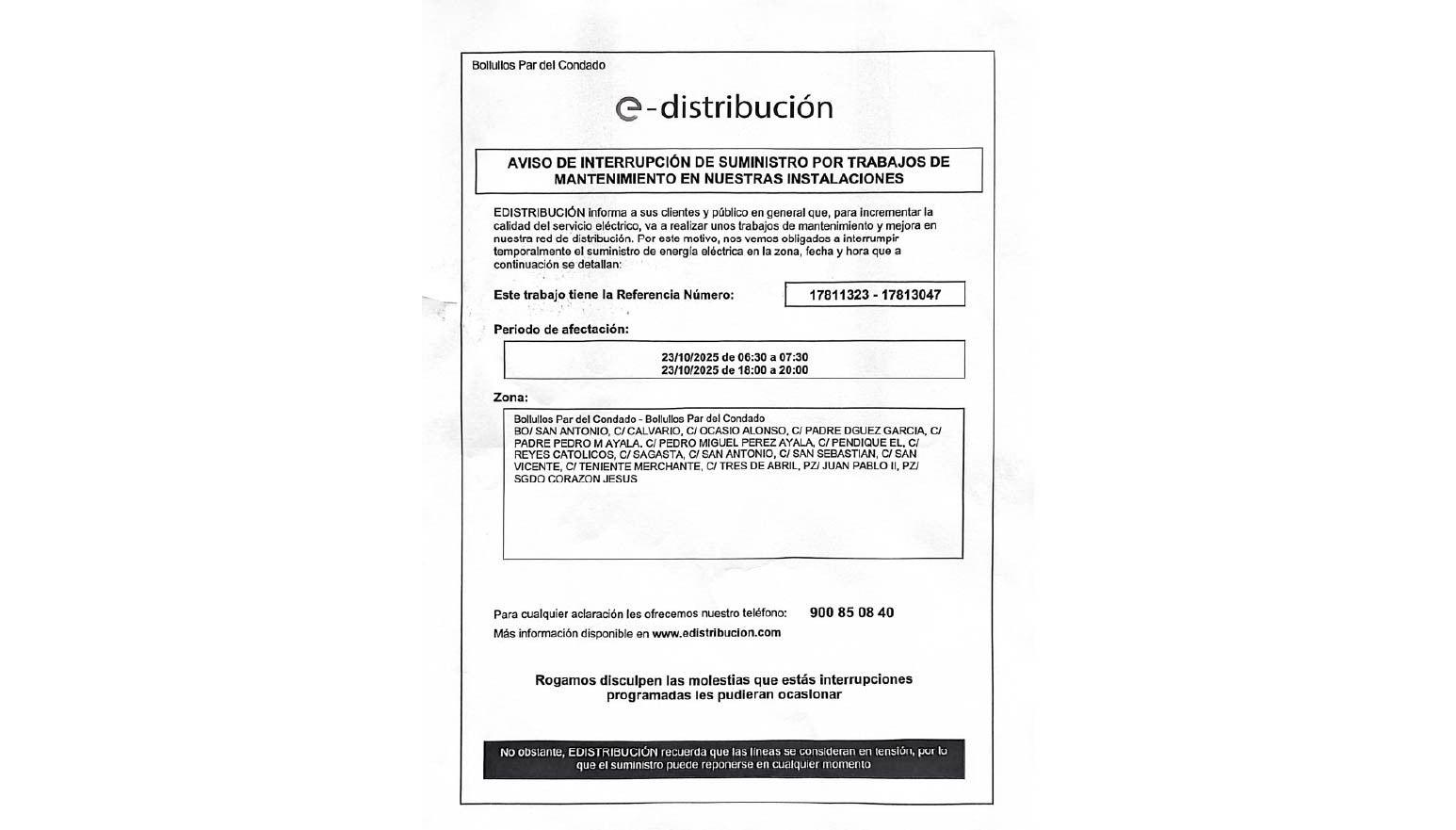 AVISO INTERRUPCIÓN DE SUMINISTRO ELÉCTRICO ZONA SAN VICENTE – CALVARIO