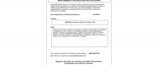 AVISO DE INTERRUPCIÓN DEL SUMINISTRO ELÉCTRICO EL 18 DE FEBRERO 2026