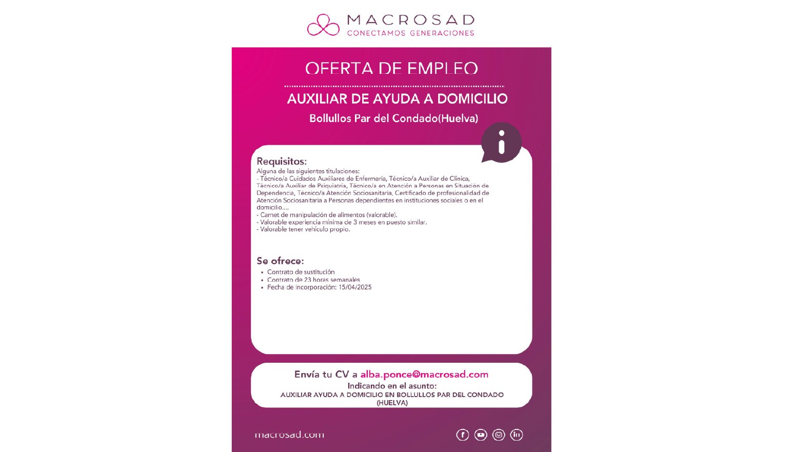 OFERTA DE EMPLEO: AUXILIAR DE AYUDA A DOMICILIO