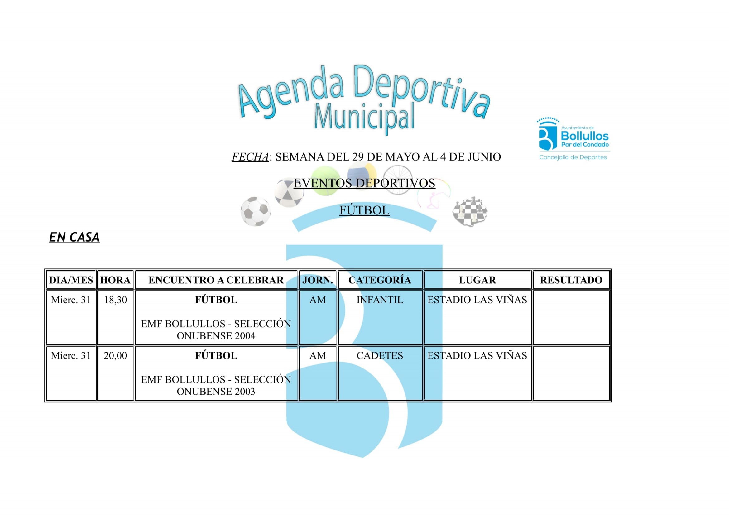 AGENDA DEPORTIVA DEL 29 DE MAYO AL 4 DE JUNIO