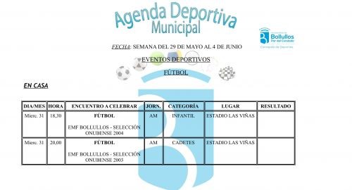 AGENDA DEPORTIVA DEL 29 DE MAYO AL 4 DE JUNIO
