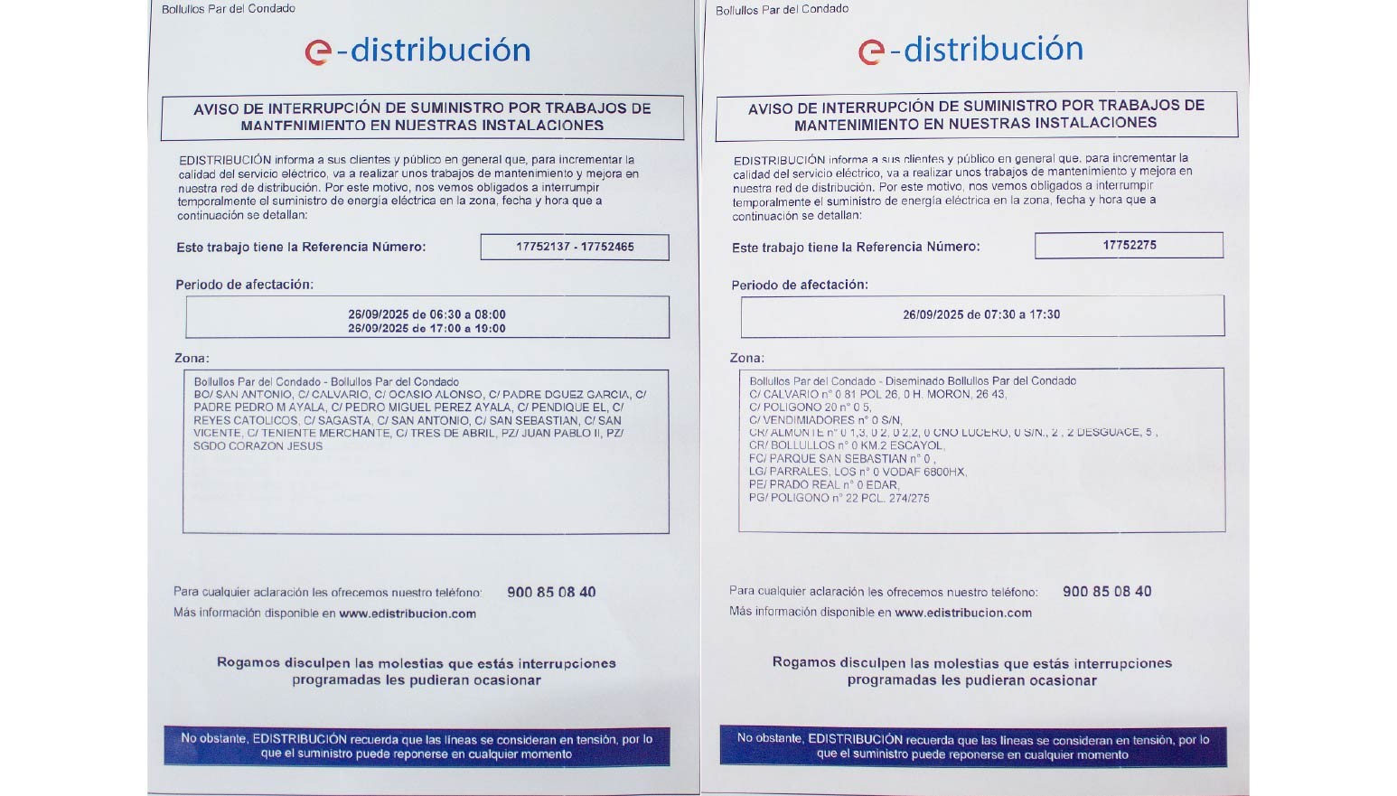 ENDESA AVISA DEL CORTE DE SUMINISTRO ELÉCTRICO PARA EL VIERNES 26 DE SEPTIEMBRE