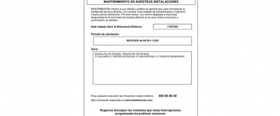 AVISO DE INTERRUPCIÓN DE SUMINISTRO ELÉCTRICO POR LAS OBRAS DE MEJORA ZONA PENDIQUE