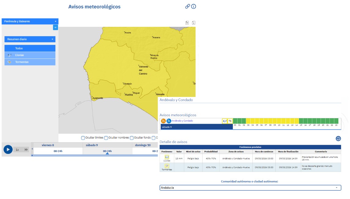 AVISO AMARILLO POR LLUVIAS Y TORMENTAS PARA EL SÁBADO 9 DE MAYO DE 2026