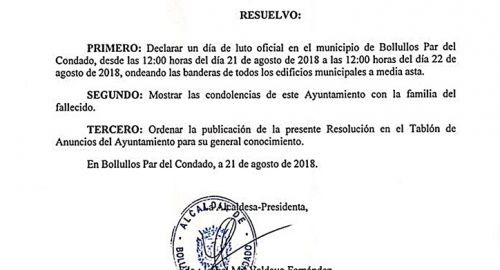 EL AYUNTAMIENTO DECRETA UN DÍA DE LUTO OFICIAL