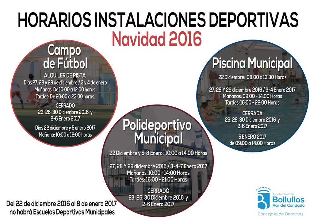 Horarios de las instalaciones deportivas en Bollullos - Navidad 2016