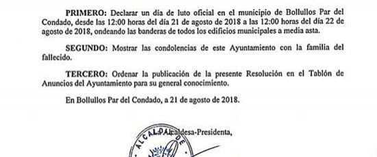 EL AYUNTAMIENTO DECRETA UN DÍA DE LUTO OFICIAL