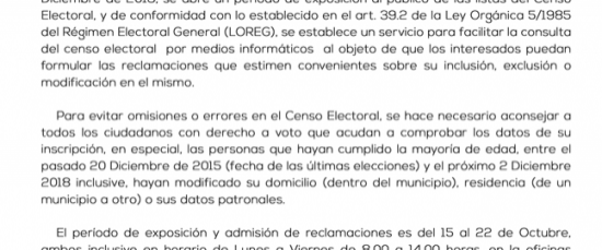 EDICTO EXPOSICIÓN PÚBLICA LISTAS ELECTORALES ELECCIONES AL PARLAMENTO DE ANDALUCÍA 2018