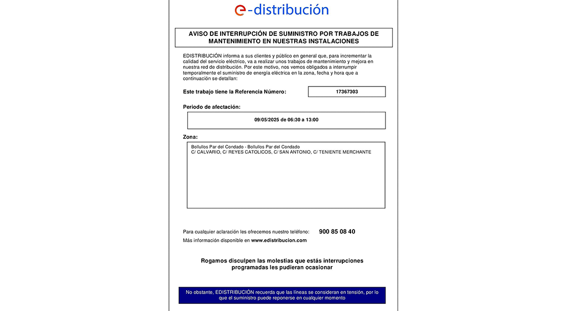 AVISO DE INTERRUPCIÓN DE SUMINISTRO ELÉCTRICO POR LAS OBRAS DE MEJORA ZONA PENDIQUE