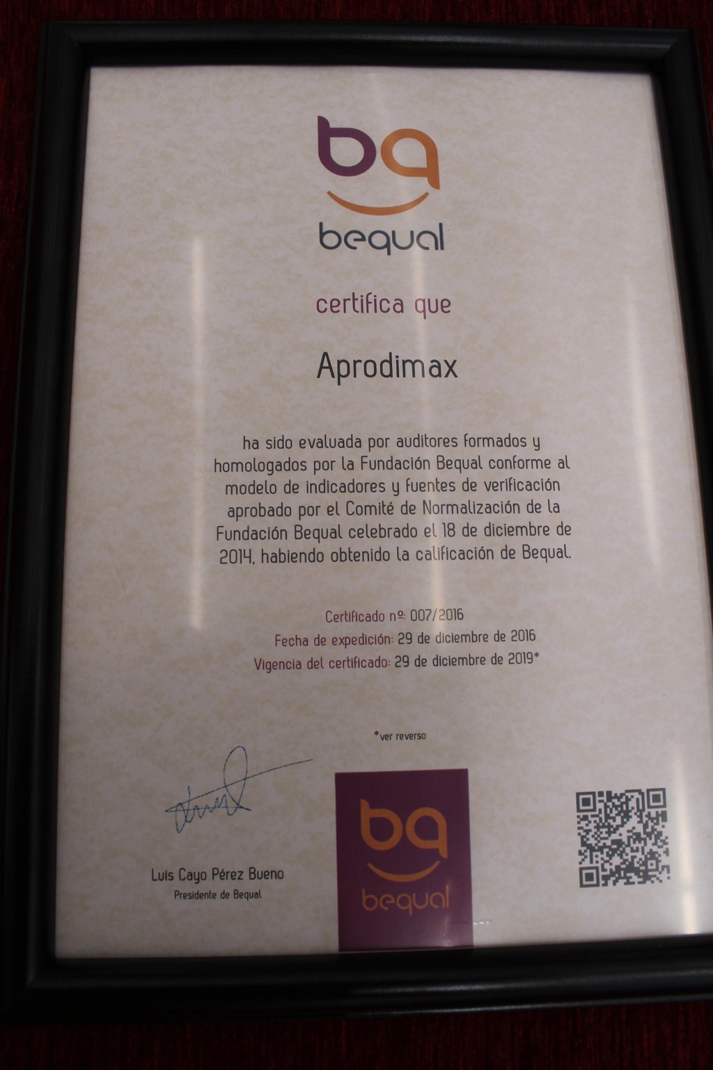 APRODIMAX RECIBE EL SELLO BEQUAL QUE CERTIFICA SU POLÍTICA DE INCLUSIÓN DE LA DISCAPACIDAD