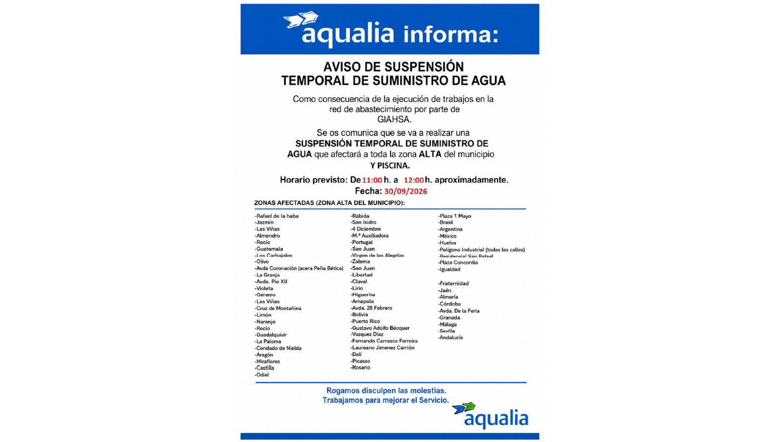 AVISO DE SUSPENSIÓN TEMPORAL DEL SUMINISTRO DE AGUA - 30 SEPTIEMBRE 2026