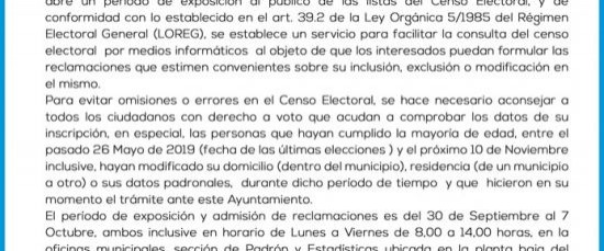 LISTAS DEL CENSO ELECTORAL PARA LAS ELECCIONES GENERALES DEL PRÓXIMO 10 DE NOVIEMBRE DE 2019