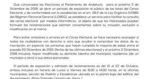 EDICTO EXPOSICIÓN PÚBLICA LISTAS ELECTORALES ELECCIONES AL PARLAMENTO DE ANDALUCÍA 2018