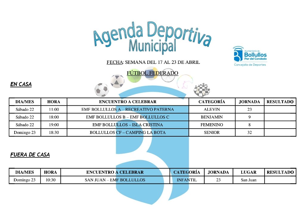 Agenda deportiva Municipal del 17 al 23 de abril 2017. Concejalía de Deportes.