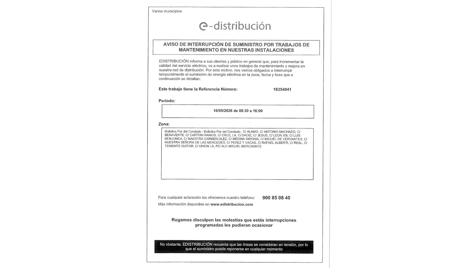 AVISO DE INTERRUPCIÓN DEL SUMINISTRO ELÉCTRICO EL 10 DE MAYO DE 2026