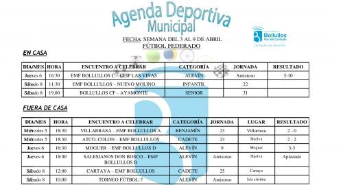 Agenda Deportiva Escuelas Municipales del 3 al 9 de abril de 2017. Concejalía de Deportes