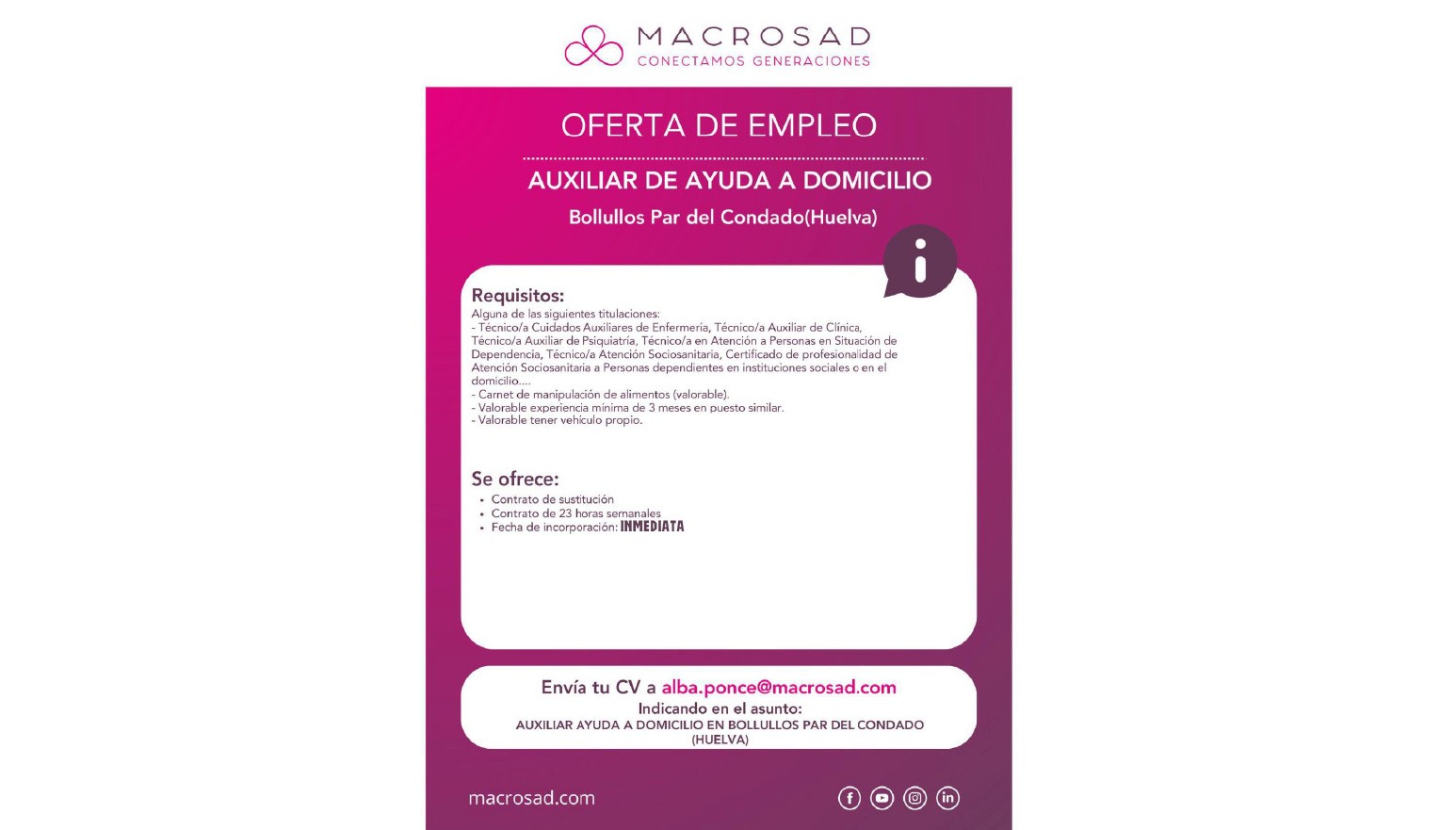 OFERTA DE EMPLEO: AUXILIAR DE AYUDA A DOMICILIO – INCORPORACIÓN INMEDIATA