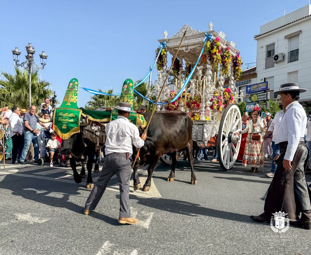 CIENTOS DE ROCIEROS ACOMPAÑARON A LA CARRETA DE BOLLULLOS EN EL DESFILE Y EL CAMINO HACIA EL ROCÍO