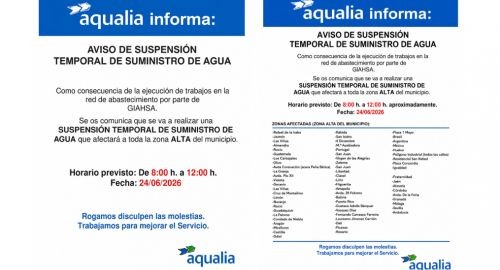 SUSPENSIÓN DE SUMINISTRO DE AGUA - DÍA 24 DE JUNIO DE 2026 DE 8:00 A 12:00 HORAS