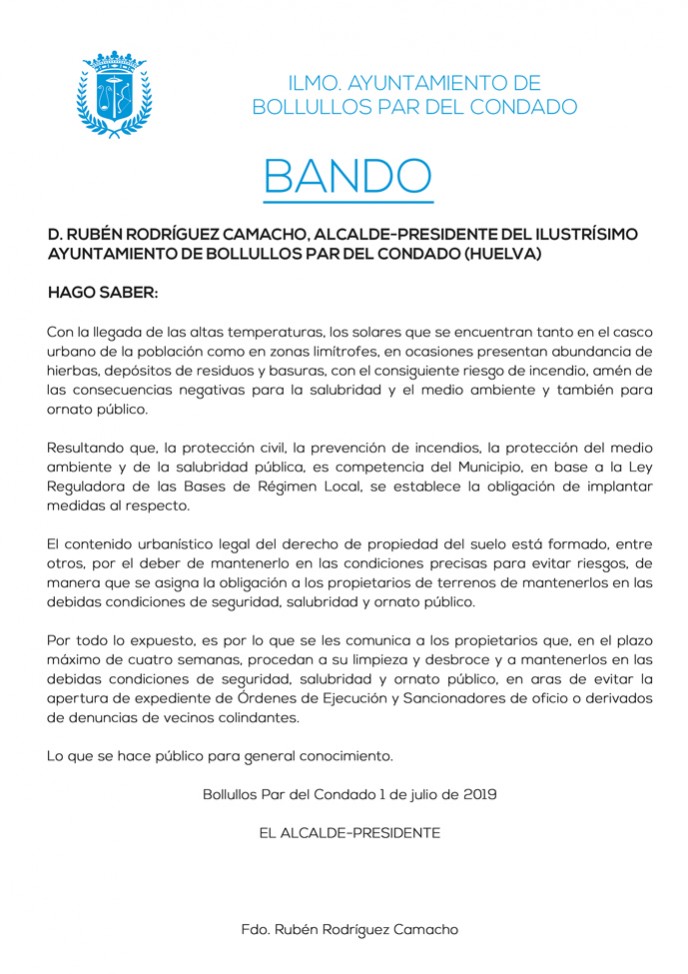 BANDO MUNICIPAL LIMPIEZA SOLARES 2019