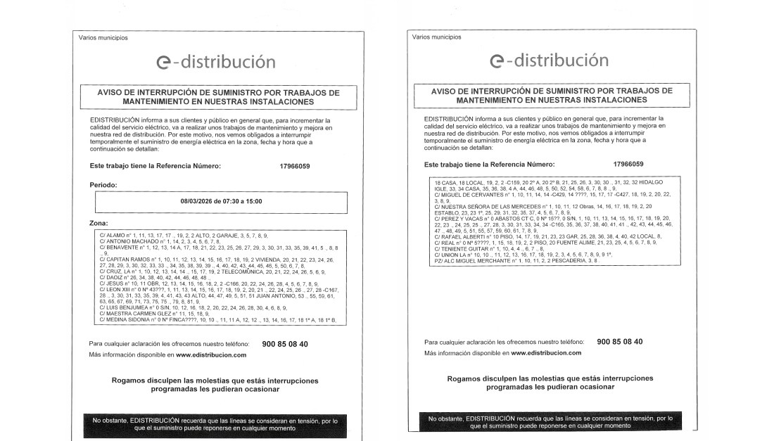 AVISO DE INTERRUPCIÓN DEL SUMINISTRO ELÉCTRICO EL 8 DE MARZO DE 2026