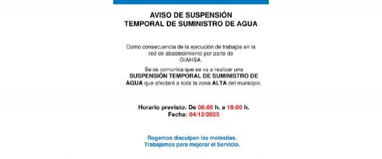 AVISO DE CORTE DE SUMINISTRO DE AGUA POR OBRAS EN LA NUEVA TUBERÍA DE BOLLULLOS -ALMONTE QUE AFECTAN AL DEPÓSITO