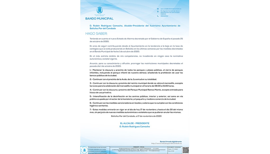 BANDO PRÓRROGA NUEVAS RESTRICCIONES PARA BOLLULLOS - 17 NOVIEMBRE 2020