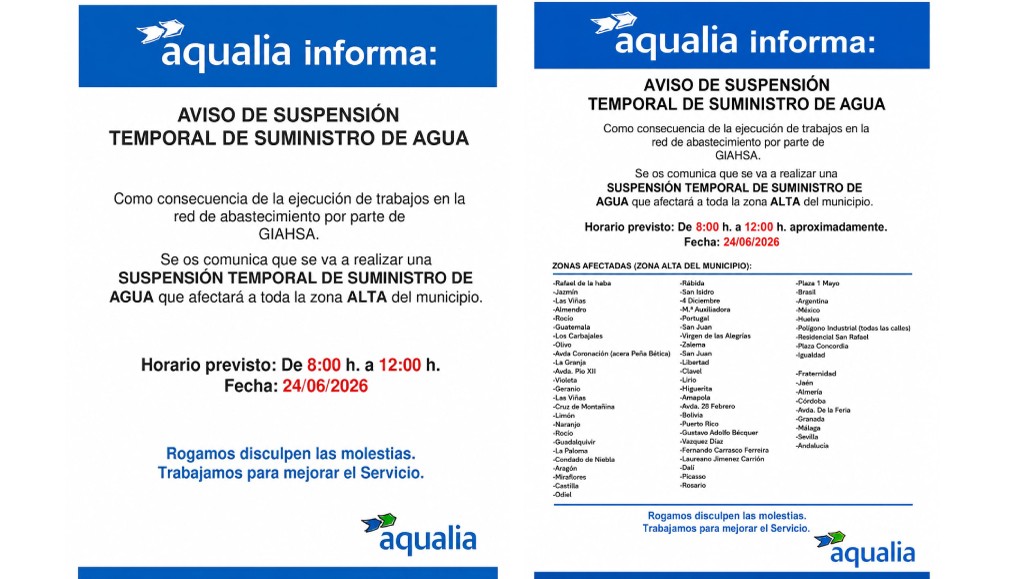 SUSPENSIÓN DE SUMINISTRO DE AGUA - DÍA 24 DE JUNIO DE 2026 DE 8:00 A 12:00 HORAS