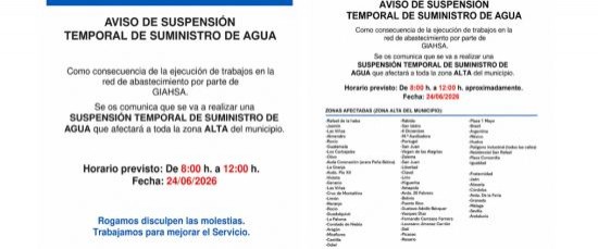 SUSPENSIÓN DE SUMINISTRO DE AGUA - DÍA 24 DE JUNIO DE 2026 DE 8:00 A 12:00 HORAS