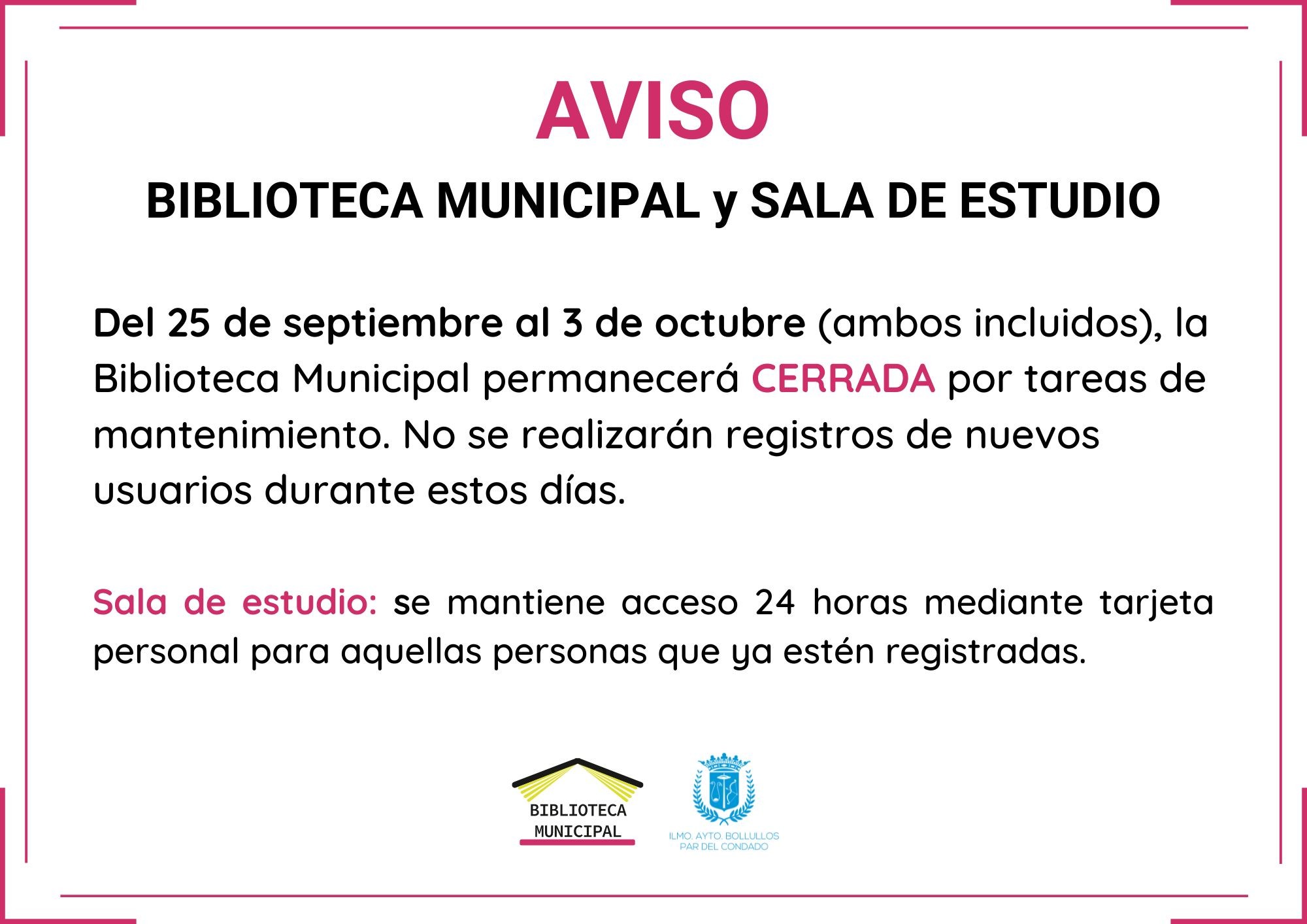 CIERRE TEMPORAL DE LA BIBLIOTECA MUNICIPAL POR TAREAS DE MANTENIMIENTO