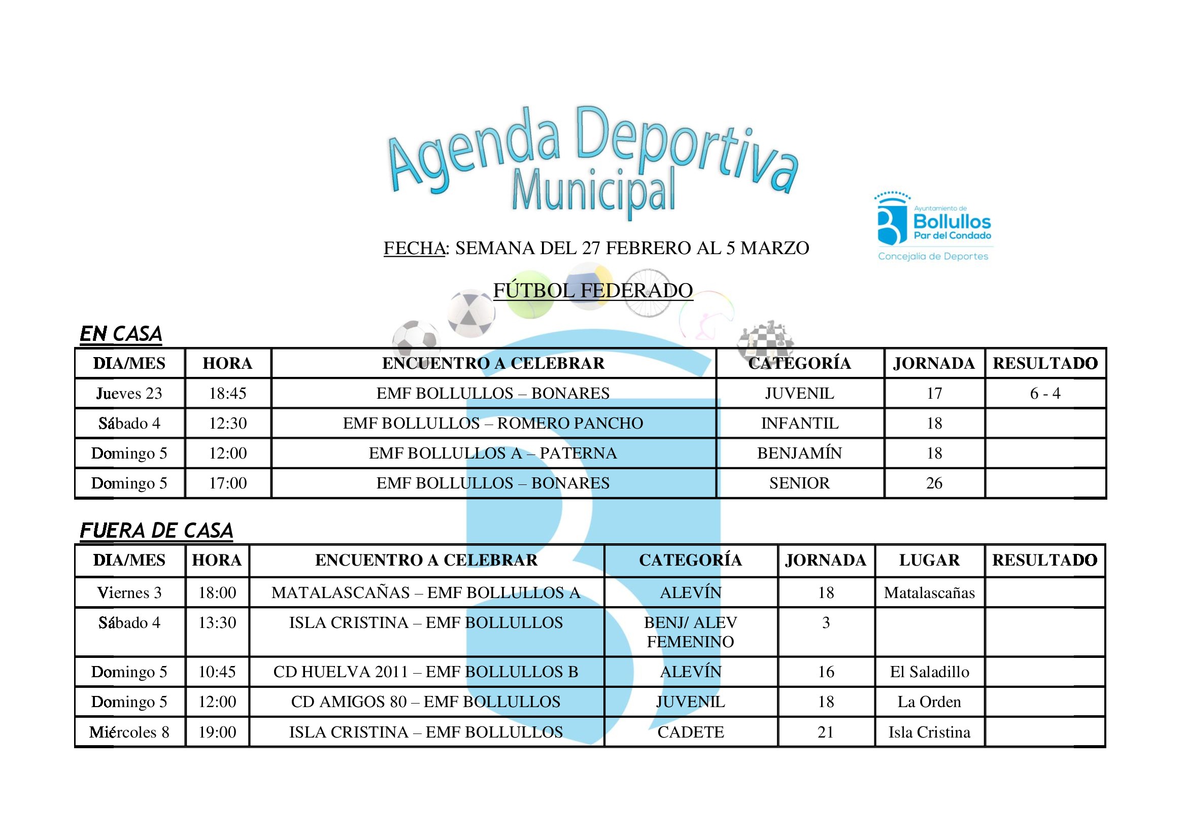 Agenda deportiva municipal del 27 de febrero al 5 de marzo