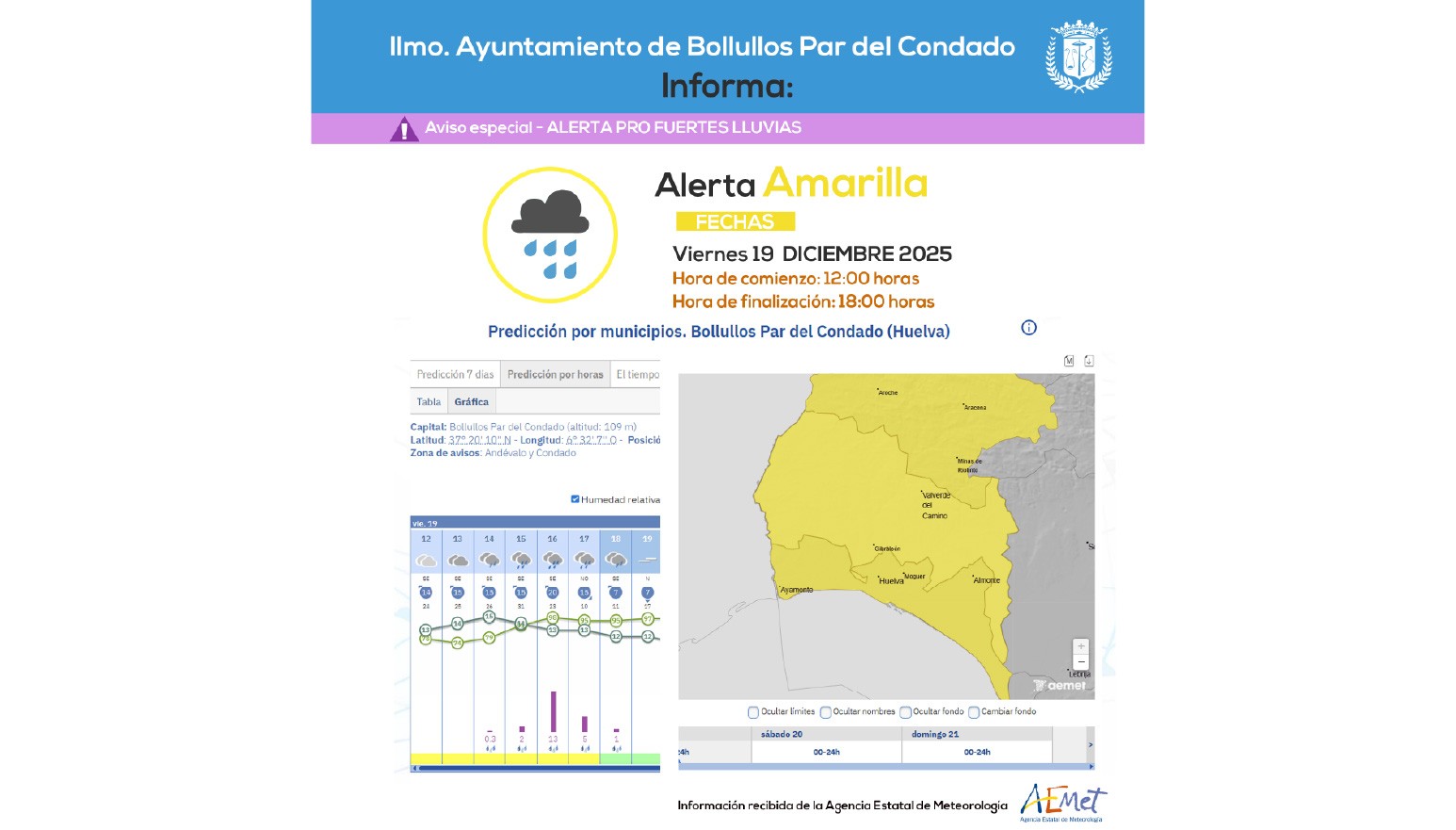 AVISO AMARILLO POR FENÓMENOS METEOROLÓGICOS ADVERSOS 19 diciembre 2025