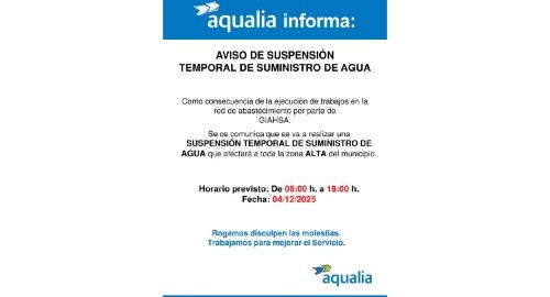 AVISO DE CORTE DE SUMINISTRO DE AGUA POR OBRAS EN LA NUEVA TUBERÍA DE BOLLULLOS -ALMONTE QUE AFECTAN AL DEPÓSITO