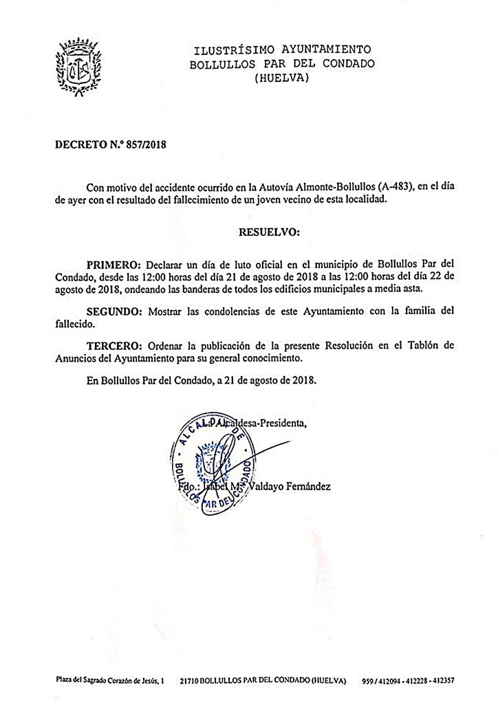 EL AYUNTAMIENTO DECRETA UN DÍA DE LUTO OFICIAL