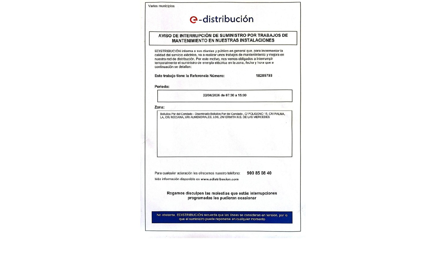 AVISO DE INTERRUPCIÓN DEL SUMINISTRO ELÉCTRICO EL 22 DE ABRIL DE 2026