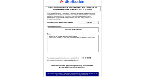 AVISO DE INTERRUPCIÓN DE SUMINISTRO ELÉCTRICO POR LAS OBRAS DE MEJORA ZONA PENDIQUE