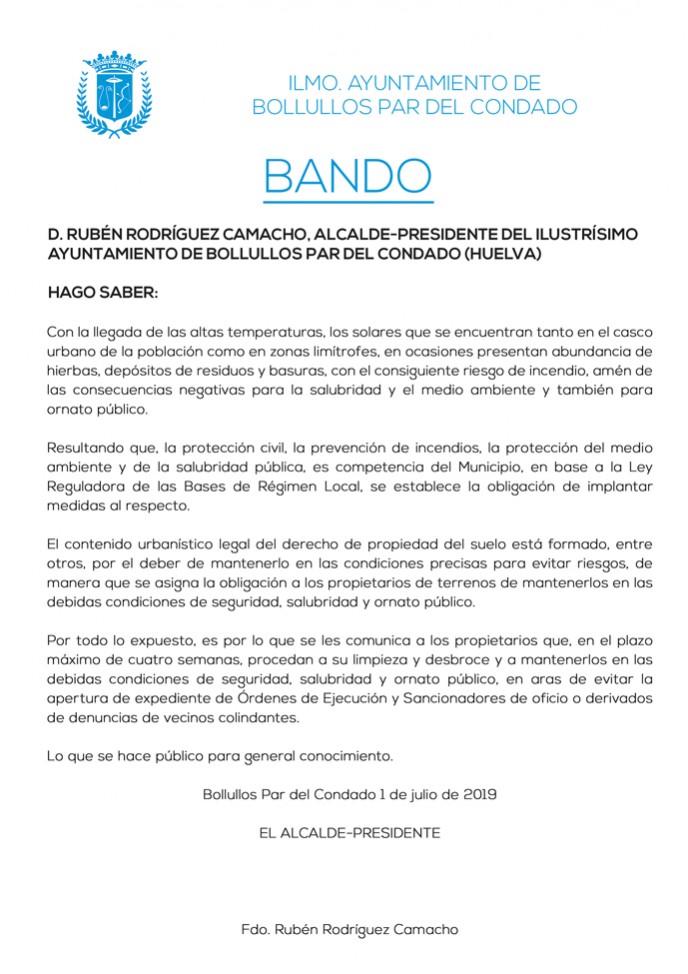 BANDO MUNICIPAL LIMPIEZA SOLARES 2019