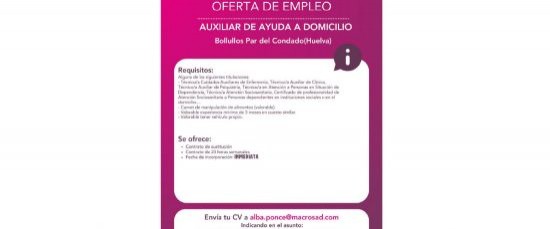OFERTA DE EMPLEO: AUXILIAR DE AYUDA A DOMICILIO – INCORPORACIÓN INMEDIATA