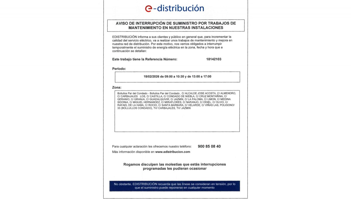 AVISO DE INTERRUPCIÓN DEL SUMINISTRO ELÉCTRICO EL 18 DE FEBRERO 2026