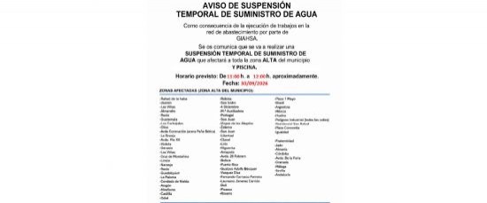 AVISO DE SUSPENSIÓN TEMPORAL DEL SUMINISTRO DE AGUA - 30 SEPTIEMBRE 2026