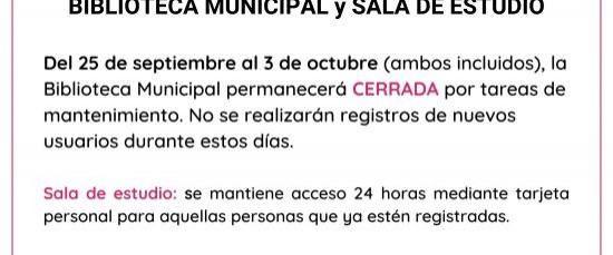 CIERRE TEMPORAL DE LA BIBLIOTECA MUNICIPAL POR TAREAS DE MANTENIMIENTO