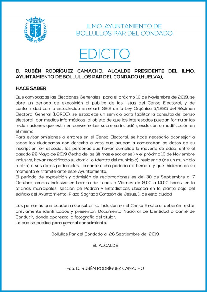 LISTAS DEL CENSO ELECTORAL PARA LAS ELECCIONES GENERALES DEL PRÓXIMO 10 DE NOVIEMBRE DE 2019