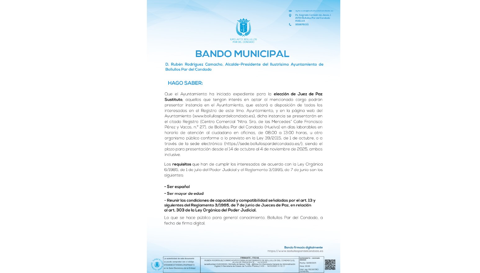 BANDO MUNICIPAL – ELECCIÓN JUEZ DE PAZ SUSTITUTO 2025