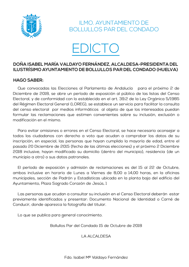 EDICTO EXPOSICIÓN PÚBLICA LISTAS ELECTORALES ELECCIONES AL PARLAMENTO DE ANDALUCÍA 2018