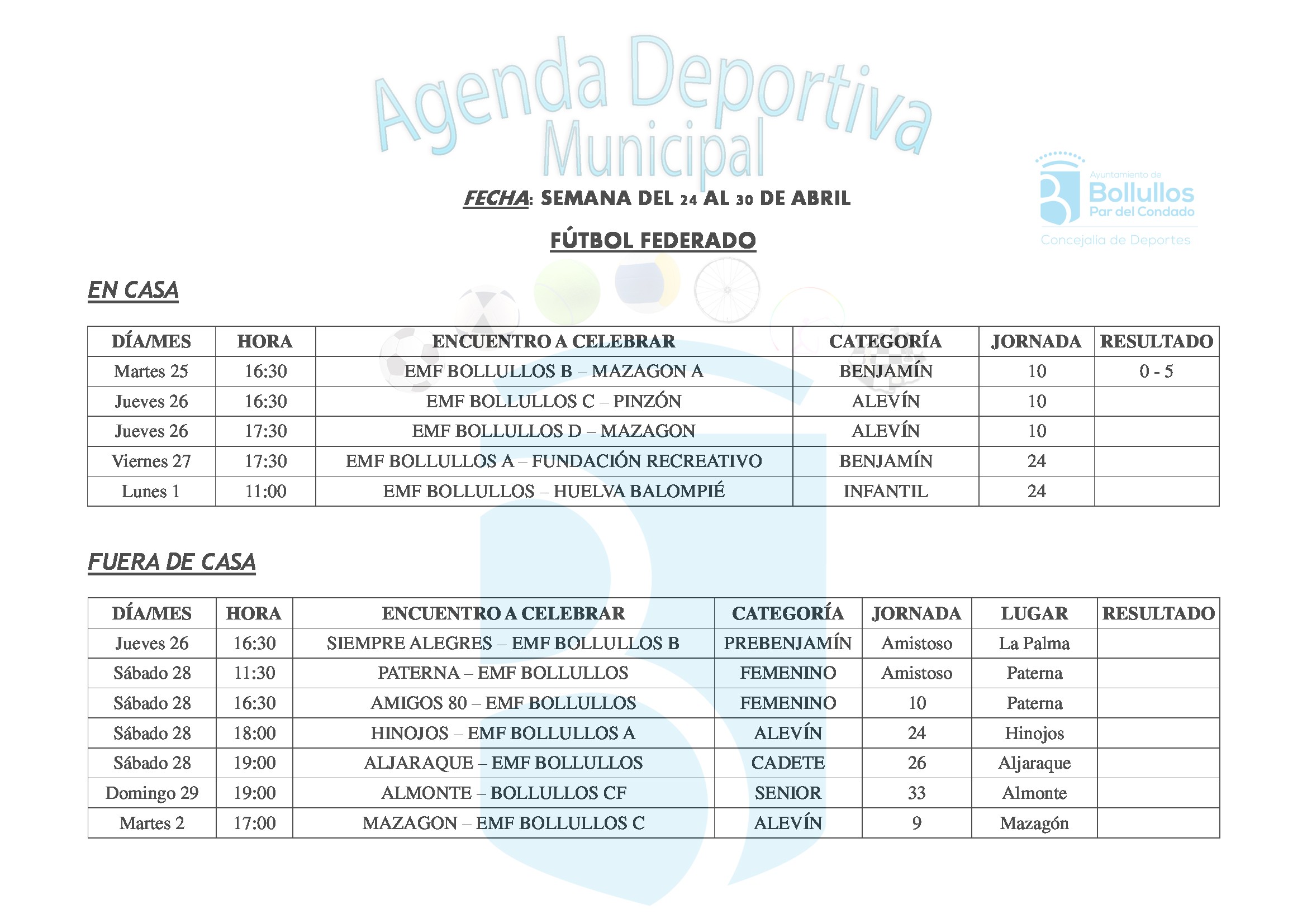 AGENDA DEPORTIVA MUNICIPAL DEL 24 AL 30 DE ABRIL 2017. CONCEJALÍA DE DEPORTES.