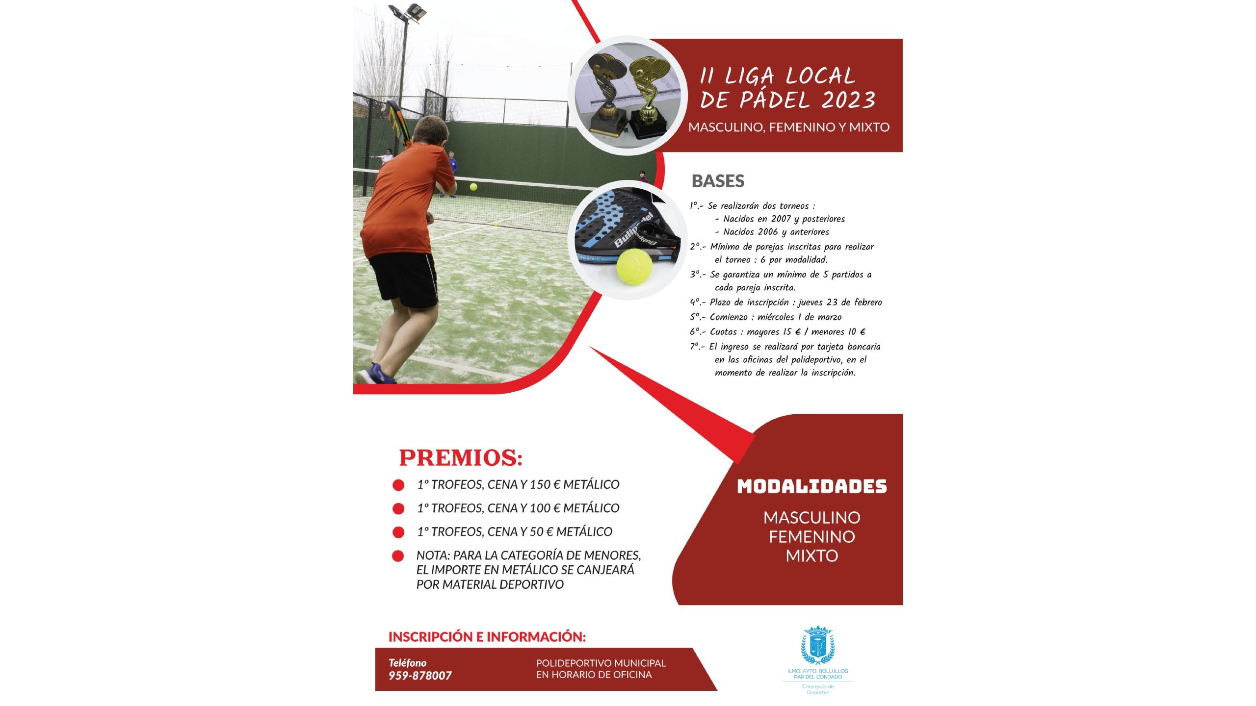 II LIGA LOCAL DE PÁDEL 2023: PAREJAS MASCULINA, FEMENINA Y MIXTA