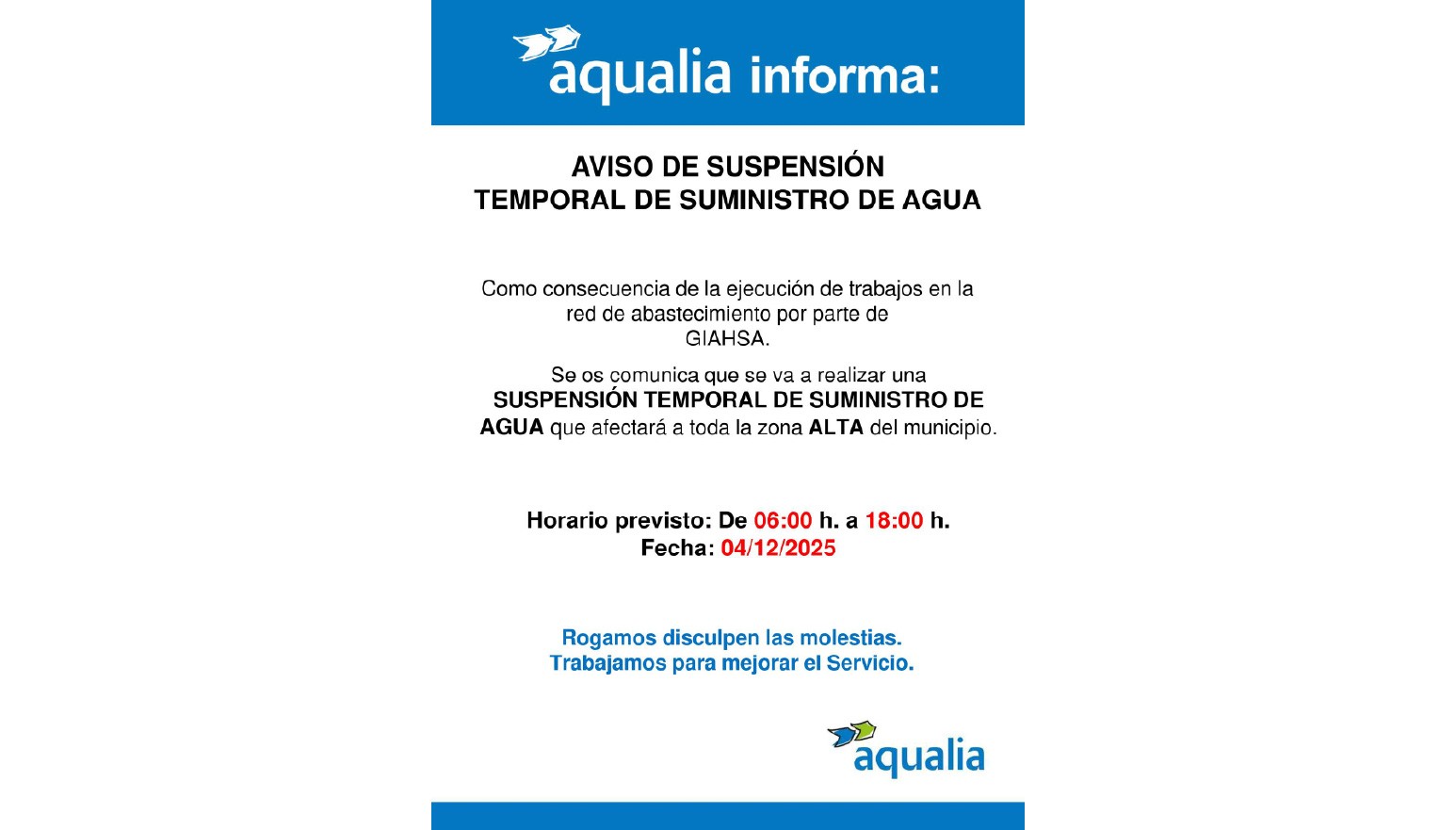 AVISO DE CORTE DE SUMINISTRO DE AGUA POR OBRAS EN LA NUEVA TUBERÍA DE BOLLULLOS -ALMONTE QUE AFECTAN AL DEPÓSITO