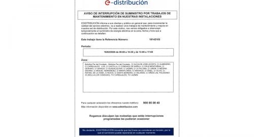 AVISO DE INTERRUPCIÓN DEL SUMINISTRO ELÉCTRICO EL 18 DE FEBRERO 2026